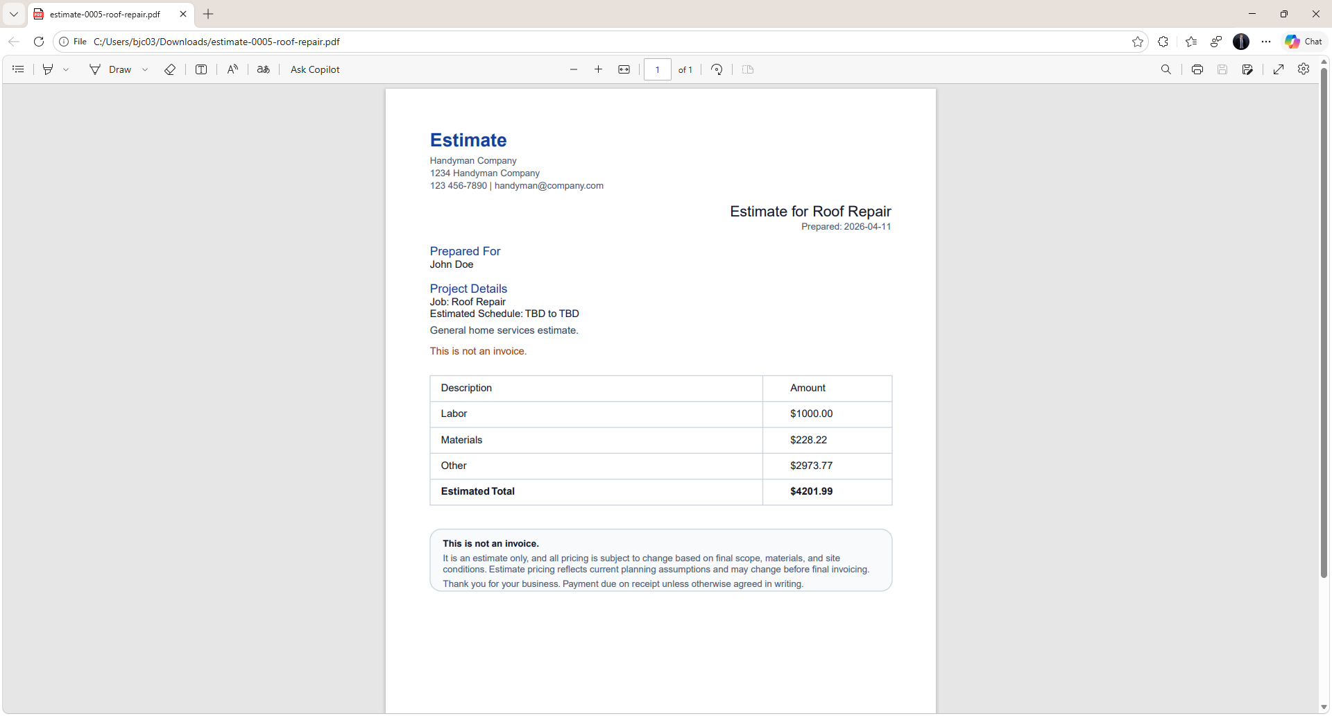 Estimate PDF screenshot