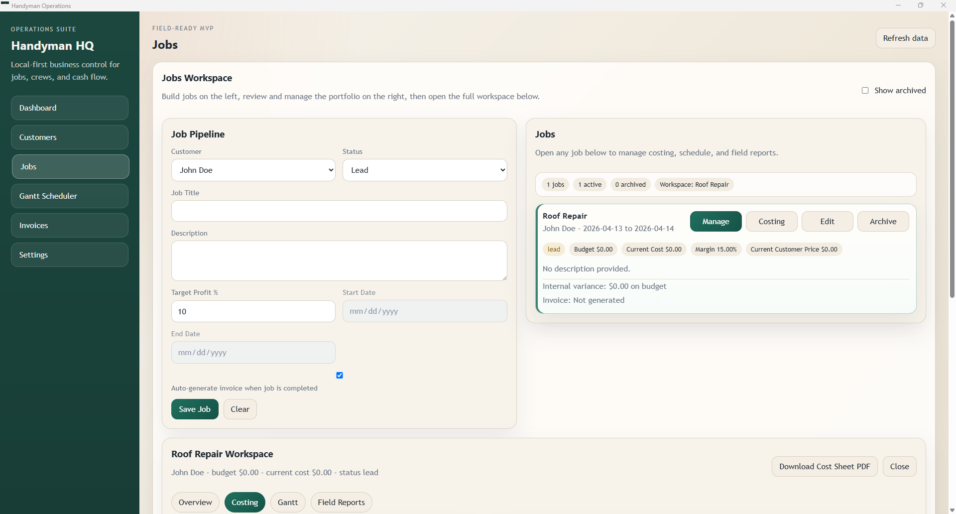 Job workspace screenshot